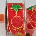 Organzaband Kugeln Sterne, 40mm rot-grün-gold (3050504-40-306) - Weihnachtsband