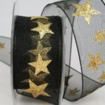 Organzaband Sterne, 40mm schwarz-gold-glitter (3290432-40-810) - Weihnachtsband