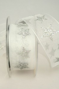 Organzaband Sterne 40mm weiss silber 3290432 40 809 Weihnachtsband 199x300 Organzaband mit silbernen Sternen, weiß, 40 mm preiswerte Organzabänder