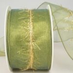 Organzaband mit Goldfransen, 60mm grün (40683-60-112) - Weihnachtsband