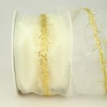 Organzaband mit Goldfransen, 60mm weiß-gold (40683-60-102) - Weihnachtsband