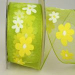 Grünes Organzaband mit gelben Blüten, 40mm (3290332-40-605) - Sonderangebot