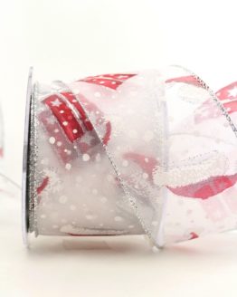 Chiffonband Santa's Mütze, weiß, 60 mm mit Drahtkante - weihnachten, organzabander, organzaband-mit-drahtkante, gemustert