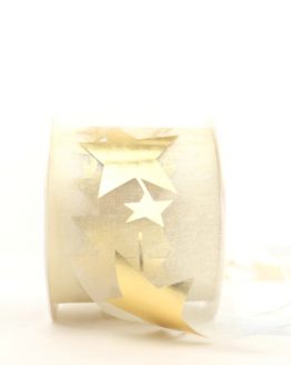Organzaband mit goldenen Sternen, creme, 70 mm - weihnachten, organzabander, gemustert