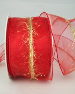 Organzaband mit Goldfransen, rot, 60 mm - weihnachten, organzabander