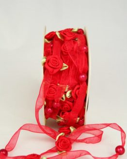 Organzaband mit Satin-Rosenblüten, rot, 6 mm - sonderangebot, organzabander