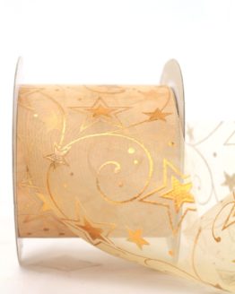 Schleifenband Chiffon Sterne, creme-gold, 70 mm - weihnachten, organzabander