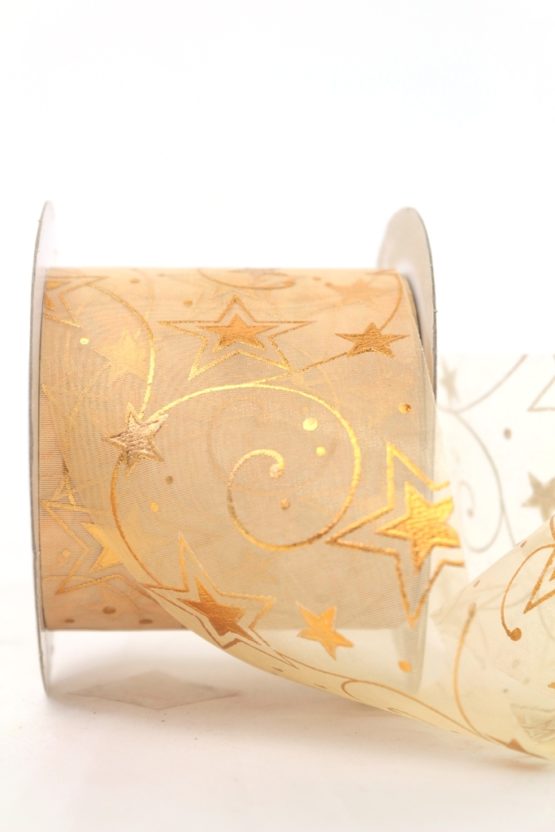 Schleifenband Chiffon Sterne, creme-gold, 70 mm - weihnachten, organzabander