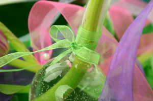 Vase mit schmalem Organzaband grün verziert